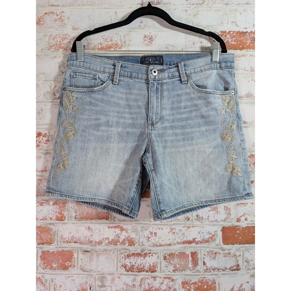 Lucky Brand The Roll Up Denim Shorts Womens 10/30 Blue Embroidered Boho 1618